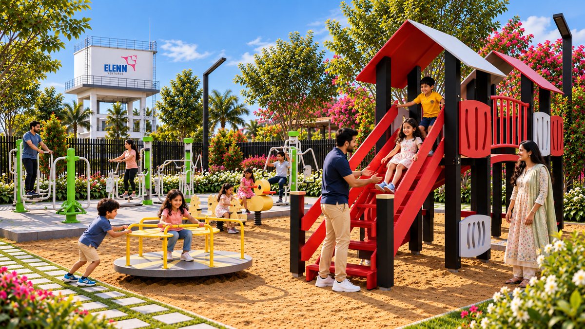 Children's play area with landscaped park